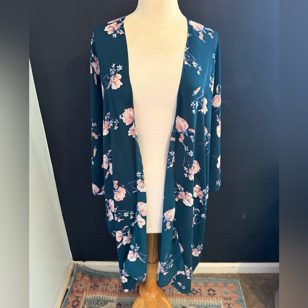 Floral Open Front Kimono Cardigan - Teal Floral Size Small/Medium